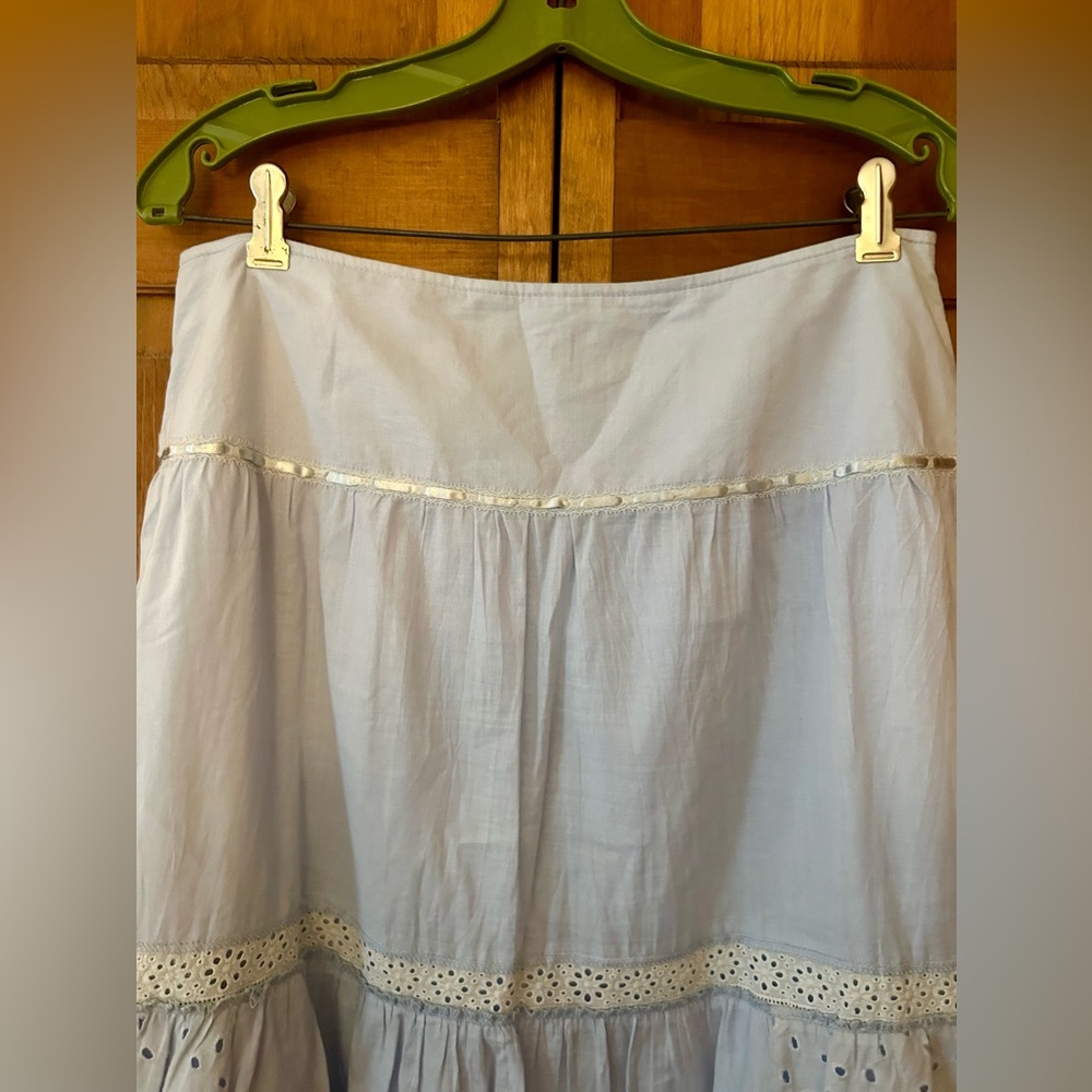 Embroidered Light Blue Maxi Skirt with Eyelet Trim - Picture 7 of 11